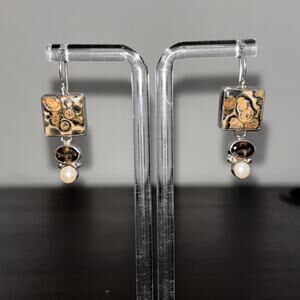 Vintage JGD 925 Sterling Ocean Jasper w/Smoky Quartz & Pearl Dangle Earrings